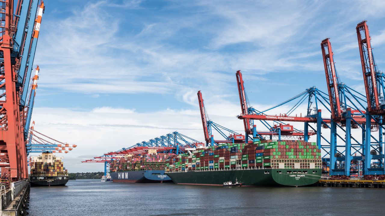 Home Large container ships docked at Hamburg's bustling industrial port under a clear sky.